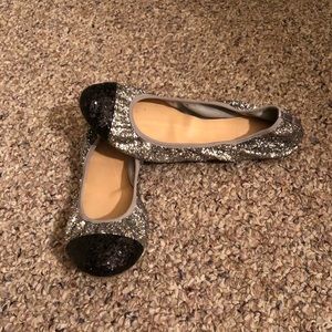 J Crew Lula Glitter Ballet Flats - Silver/Black